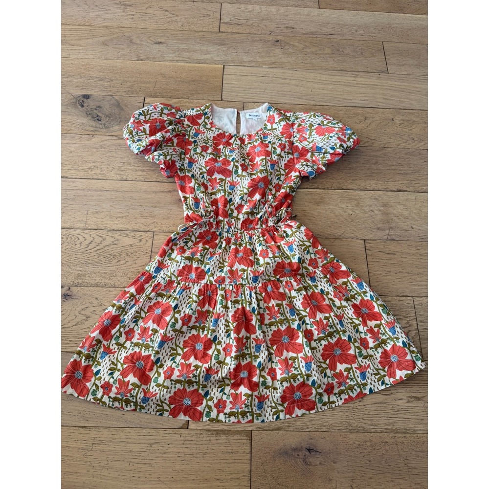 &merci Floral Puff Sleeve Mini Dress Red White Blue Cotton Pockets Small (509)